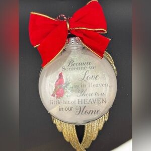 NEW Cardinal Memorial Ornament Solid Red Bow Gold Wings Christmas Ornament 4”